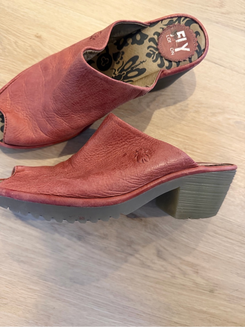 FLY London Wony Leather Peep Toe Mules Women’s 39 Red Rust Block Heel
